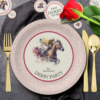 Watercolor Racehorse Derby Red Paper Plate