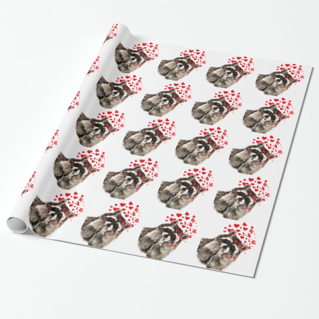 Watercolor Racoon Animal Nature Funny Love Hearts Wrapping Paper (Unrolled)