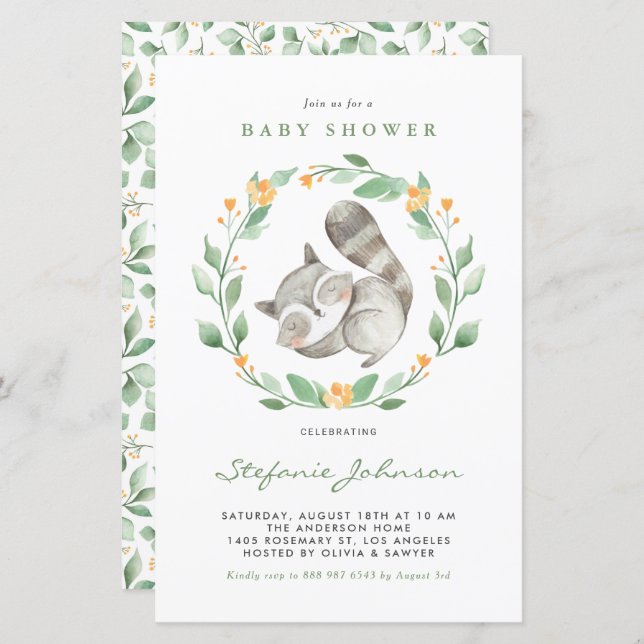 Watercolor Racoon Greenery Baby Shower Invitation (Front/Back)