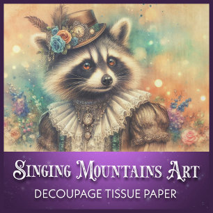 Watercolor Racoon Victorian Steampunk Decoupage Tissue Paper