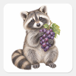 Watercolor Racoon with Purple Grapes Square Sticker