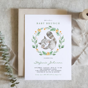 Watercolor Racoon Wreath Greenery Baby Brunch Invitation