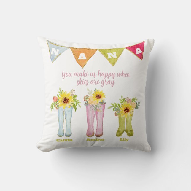 Watercolor Rain Boot Three Grandkids Nana Quote Cushion (Front)