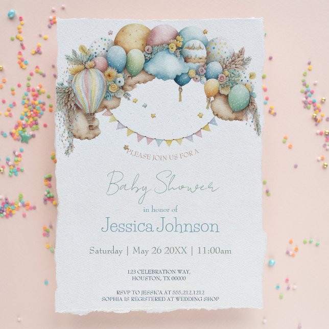 Watercolor rainbow Air Balloon Baby Shower Invitation (Creator Uploaded)