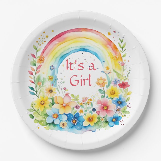 Watercolor Rainbow and Flowers It's a Girl Paper Plate (Front)