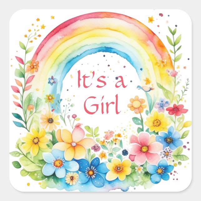 Watercolor Rainbow and Flowers It's a Girl Square Sticker (Front)