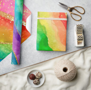 Watercolor Rainbow and Gold Glitter Alcohol Ink Wrapping Paper