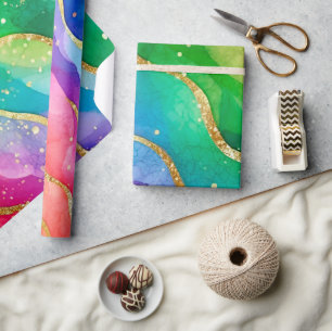 Watercolor Rainbow and Gold Glitter Alcohol Ink Wrapping Paper
