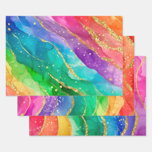 Watercolor Rainbow and Gold Glitter Alcohol Ink Wrapping Paper Sheet