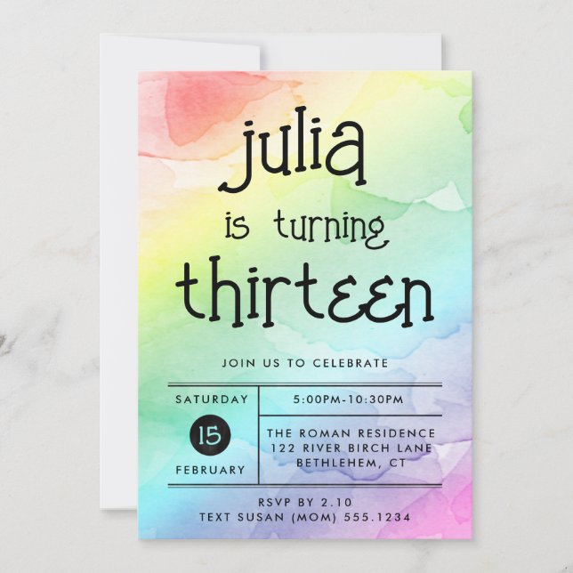Watercolor Rainbow Any Age Birthday Invitation (Front)