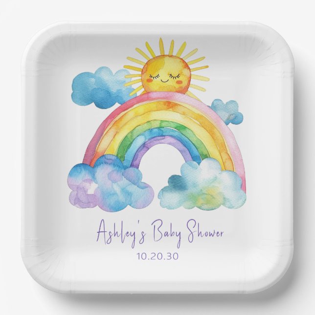 Watercolor Rainbow Baby Shower Paper Plate (Front)