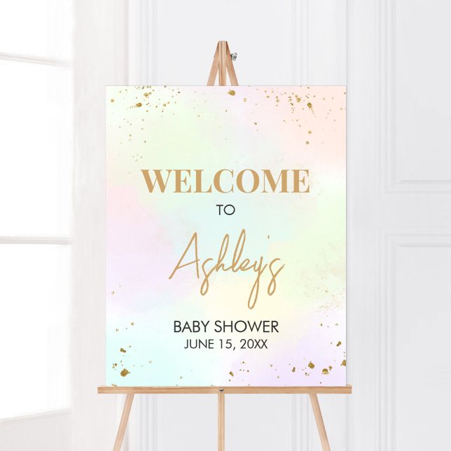 Watercolor Rainbow Baby Shower Welcome Poster (Pastel Gold Sprinkle Baby Shower Welcome Sign)