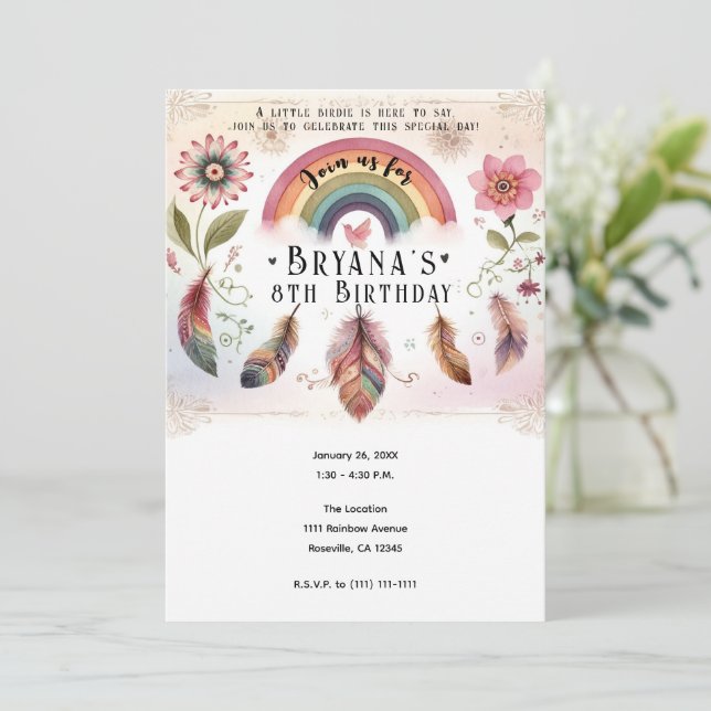 Watercolor Rainbow Bird & Feathers Boho Birthday  Invitation (Standing Front)