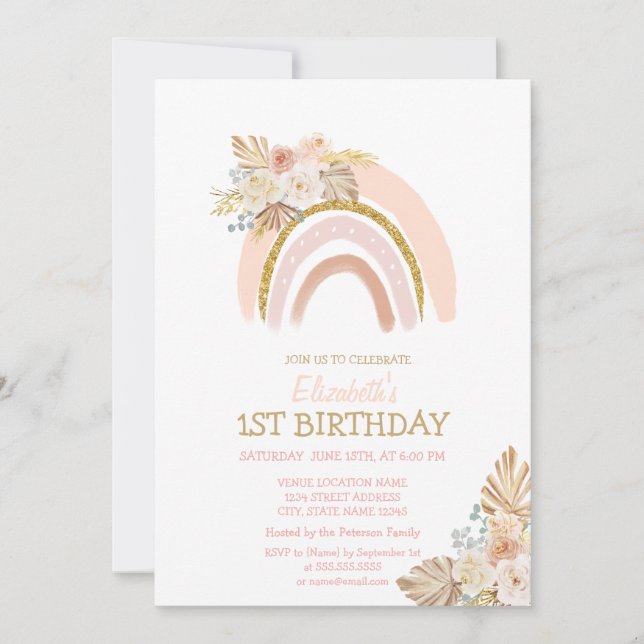 Watercolor Rainbow Boho Flowers Striped Birthday   Invitation (Front)