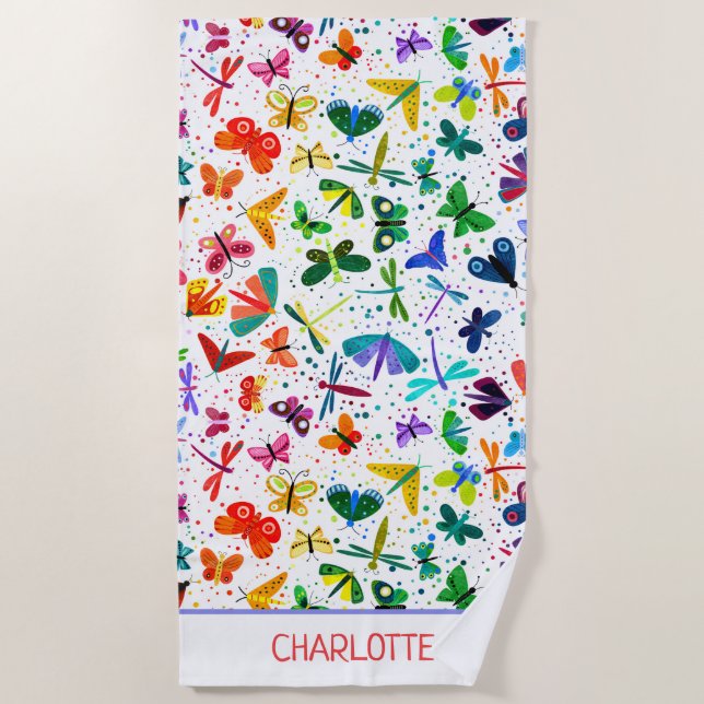 Watercolor Rainbow Butterflies Kids Personalised Beach Towel (Front)