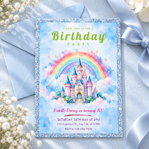 Watercolor Rainbow Castle Birthday Invitation