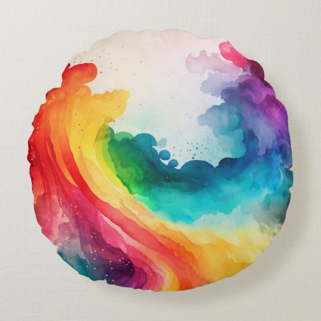 Watercolor Rainbow Coloured Round Throw Pillow (Front)