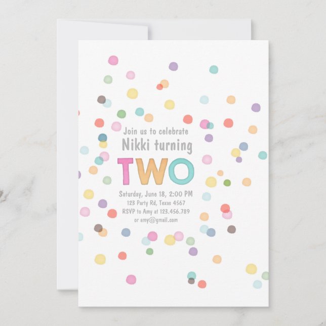 Watercolor Rainbow Confetti Birthday TWO Art Party Invitation (Front)