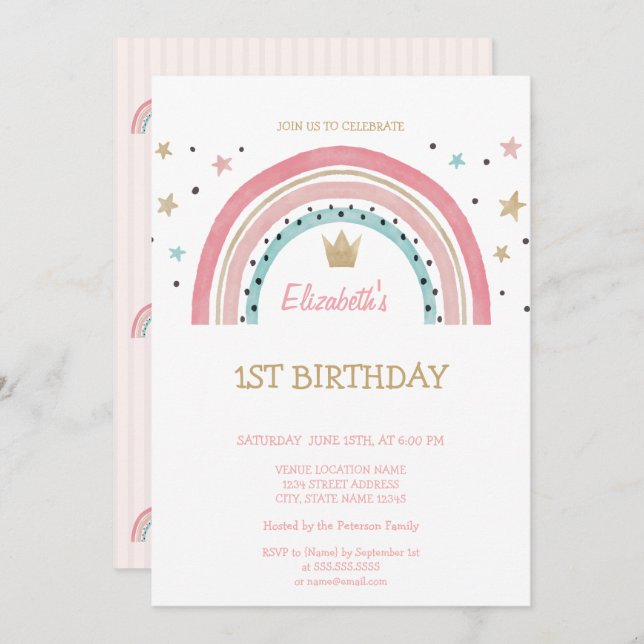 Watercolor Rainbow Crown Striped Birthday  Invitation (Front/Back)