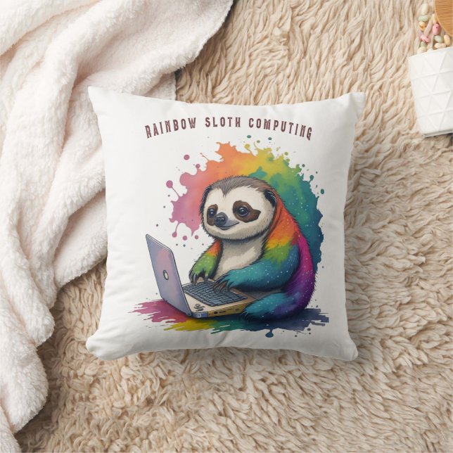 Watercolor Rainbow Cute Sloth Computing Cushion (Blanket)