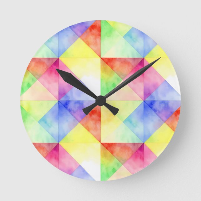 Watercolor Rainbow Diamond Quilt Pattern Round Clock (Front)