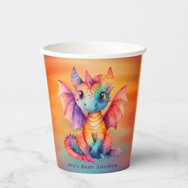 Watercolor Rainbow Dragon Baby Shower Paper Cups (Front)