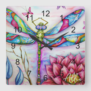 Watercolor Rainbow Dragonfly, Personalise Square Wall Clock