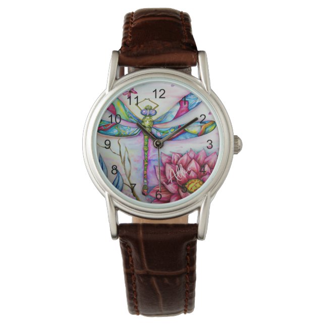 Watercolor Rainbow Dragonfly, Personalise Watch (Front)