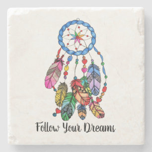 Watercolor rainbow dream catcher & inspiring words stone coaster