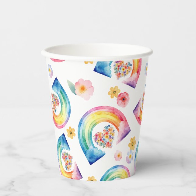 Watercolor Rainbow Floral Heart Paper Cups (Front)