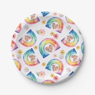 Watercolor Rainbow Floral Heart Party Plates