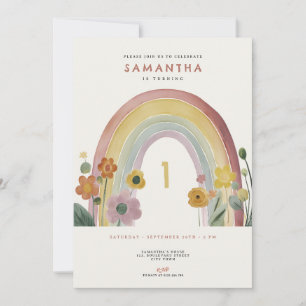 Watercolor Rainbow Flowers 1st Birthday Party Invitation