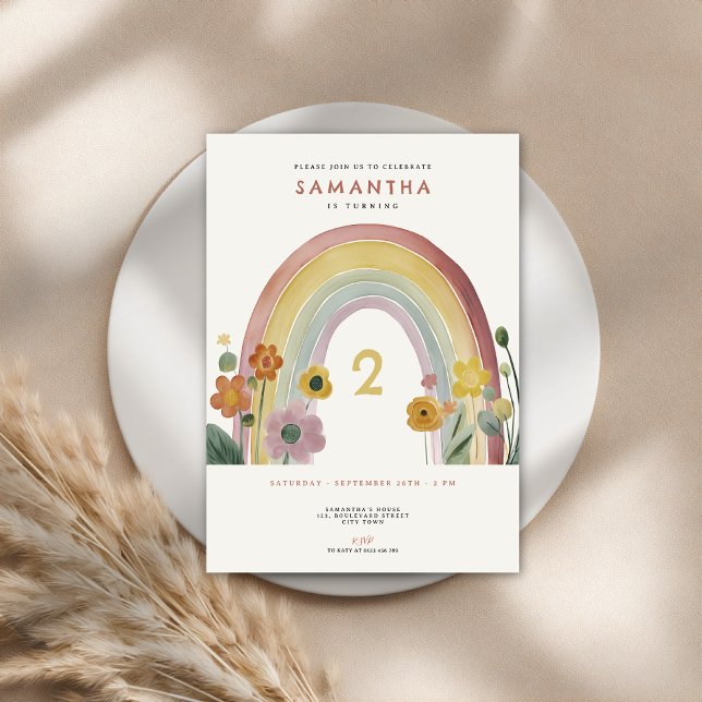 Watercolor Rainbow Flowers 2nd Birthday Party Invitation (Creator Uploaded)
