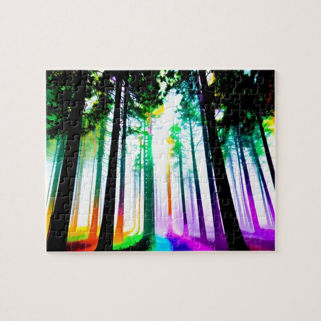 Watercolor Rainbow Forest with Silhouette Trees Jigsaw Puzzle (Horizontal)
