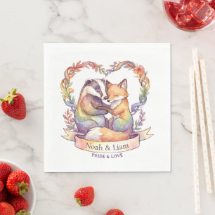 Watercolor Rainbow Fox & Badger Pride Personalised Napkin