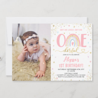 Watercolor rainbow girl 1st Birthday Party Photo Invitation