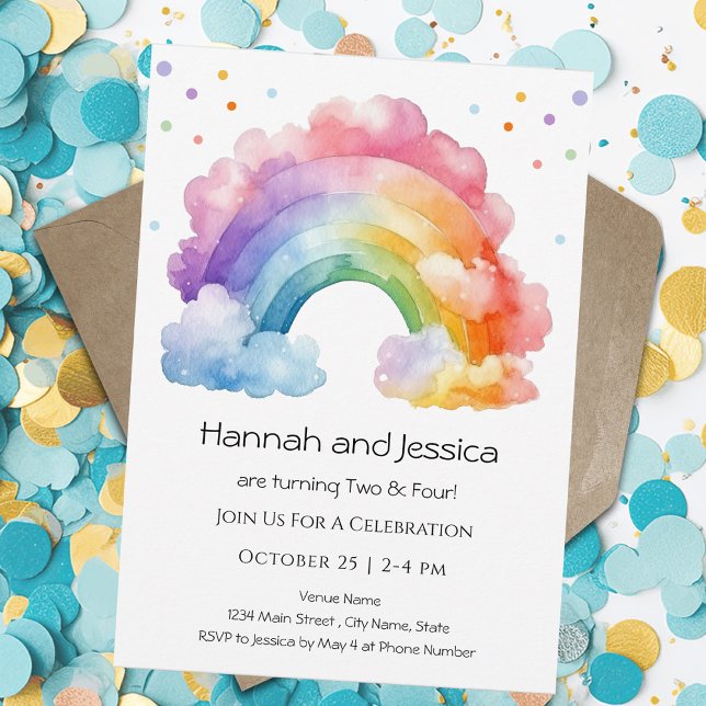 Watercolor Rainbow Girls Double Birthday Invitation (Creator Uploaded)