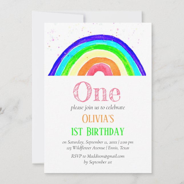 Watercolor Rainbow Girly First Birthday Birthday  Invitation (Front)