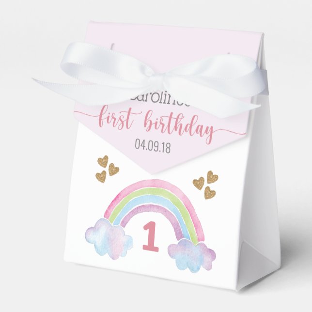 Watercolor Rainbow Glitter Heart Girl 1st Birthday Favour Box (Front Side)