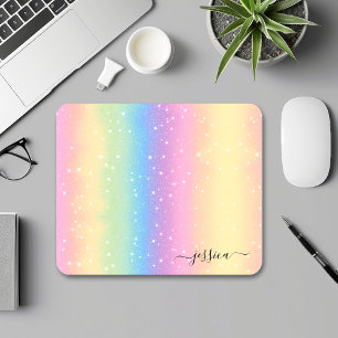 Watercolor Rainbow Glitter Pink Yellow Green Blue Mouse Pad