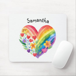 Watercolor Rainbow Heart & Flowers Personalised Mouse Pad
