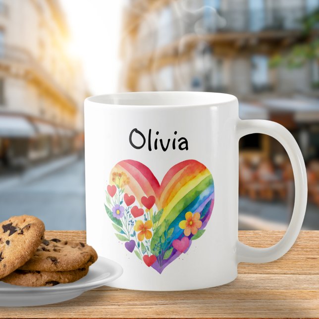 Watercolor Rainbow Heart Personalised Coffee Mug (A cute personalized mug with rainbow heart design)