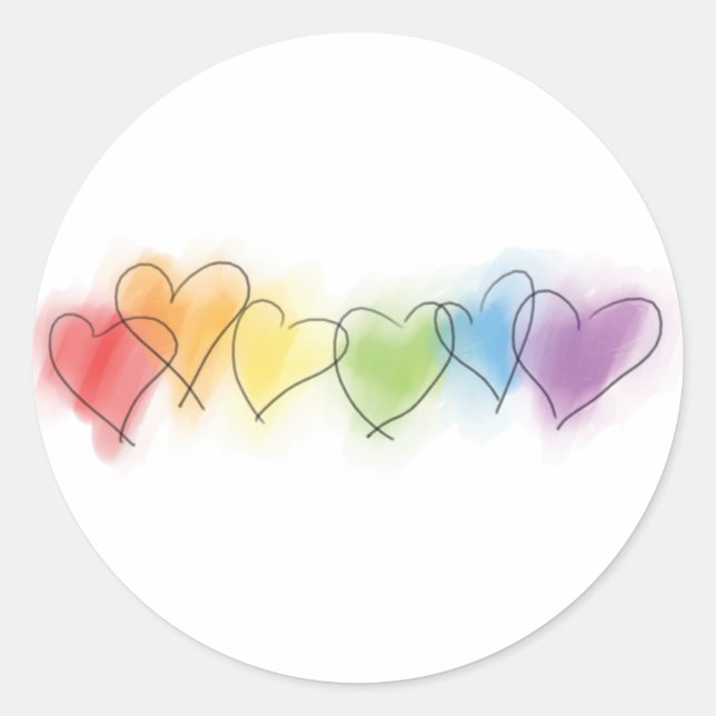Watercolor Rainbow Hearts Classic Round Sticker (Front)