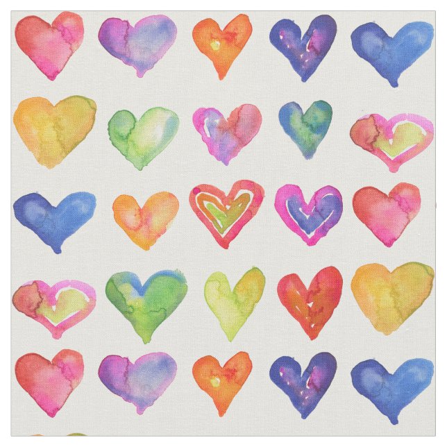 Watercolor Rainbow Hearts Fabric (Close Up)