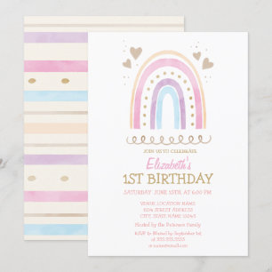 Watercolor Rainbow Hearts Striped Birthday Invitation