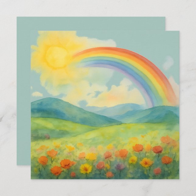Watercolor Rainbow Landscape with Sun&Wildflowers (Front/Back)