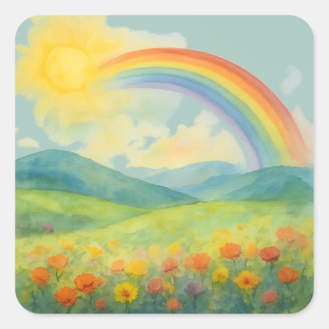 Watercolor Rainbow Landscape with Sun&Wildflowers Square Sticker (Front)