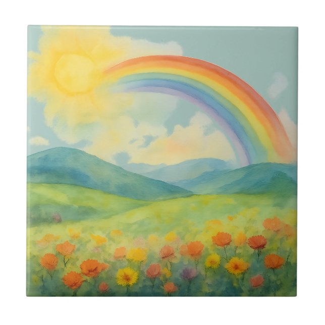 Watercolor Rainbow Landscape with Sun&Wildflowers Tile (Front)
