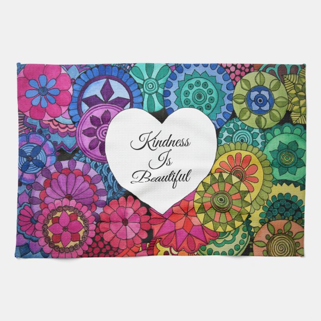 Watercolor Rainbow Mandala With Heart Tea Towel (Horizontal)