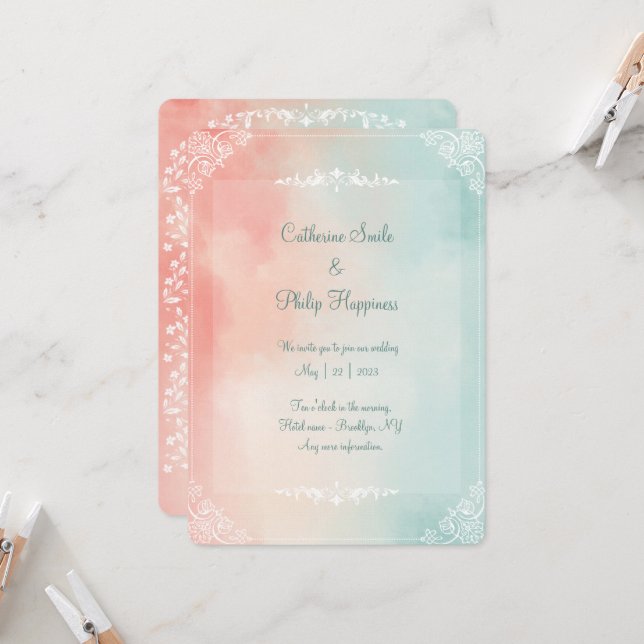 Watercolor Rainbow Minimalist  Wedding Invitation (Front/Back In Situ)
